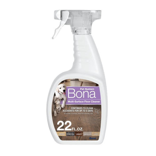 Front view of a Bona Pet System multi-surface floor cleaner spray bottle with label, dog and cat image.