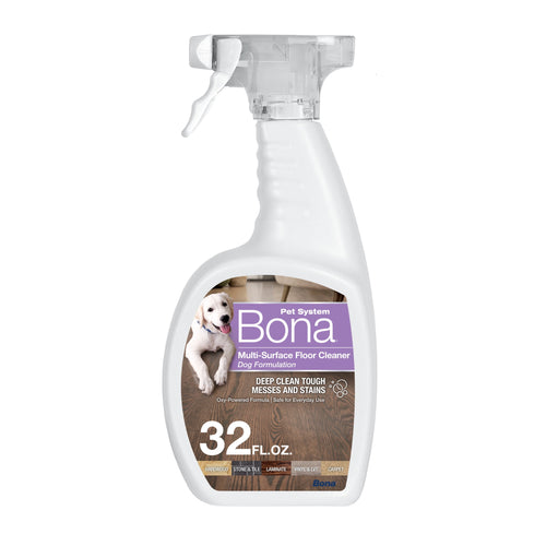 White spray bottle of Bona Pet System multi-surface floor cleaner with dog image and 32 fl. oz. label.