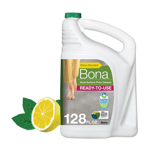 White Bona ready-to-use hard-surface floor cleaner jug with lemon graphic and 128 fl. oz. label