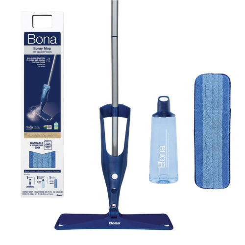 Bona spray mop kit with blue mop head, refillable bottle and blue microfiber pad alongside retail box on white background.