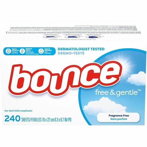 Front-facing Bounce Free & Gentle dryer sheets box with blue cloud graphic and '240 sheets' label