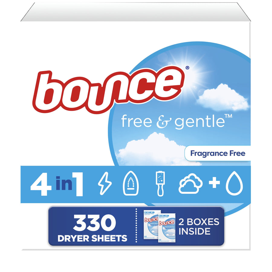 Front-facing Bounce Free & Gentle dryer sheet box artwork showing clouds, '4 in 1' icons and '330 dryer sheets' callout
