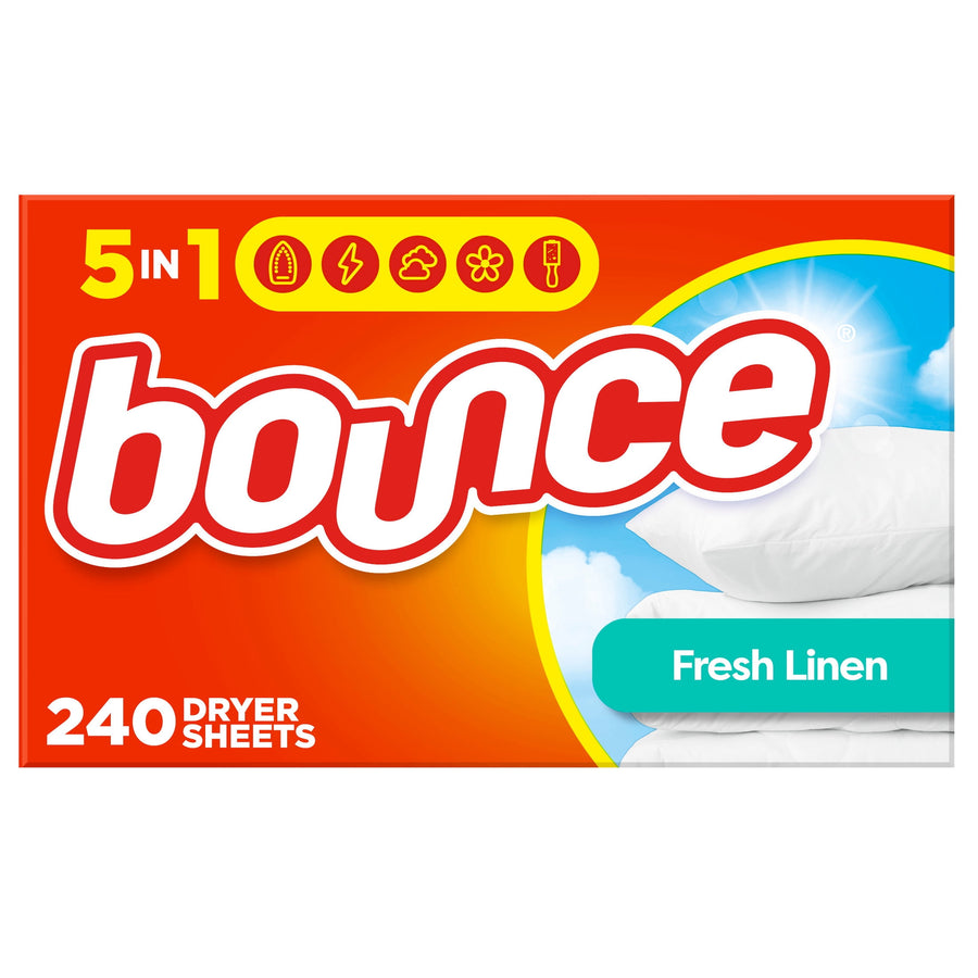 Close-up of Bounce Fresh Linen dryer sheets box showing logo, pillows and '240 dryer sheets' copy
