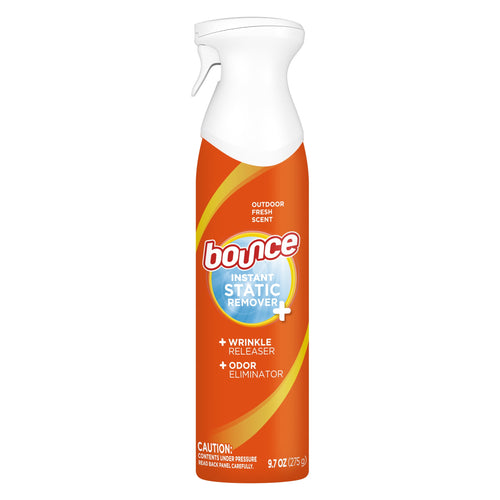 Studio product shot of an orange Bounce Instant Static Remover spray bottle on a white background showing front label