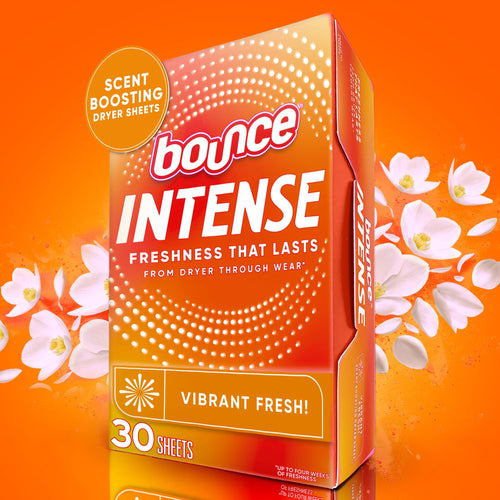 Box of Bounce Intense dryer sheets on an orange background with white floral accents and 'Vibrant Fresh' label.
