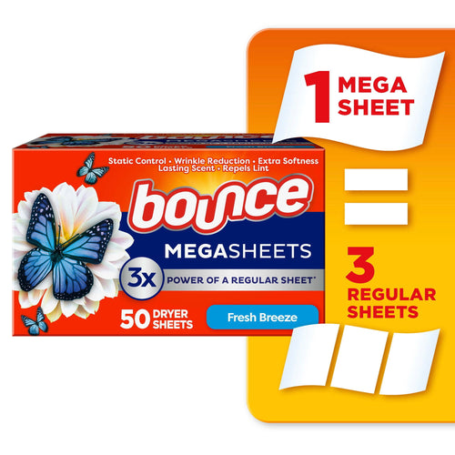 Box of Bounce Megasheets Fresh Breeze with butterfly graphic and callout showing one mega sheet equals three regular sheets