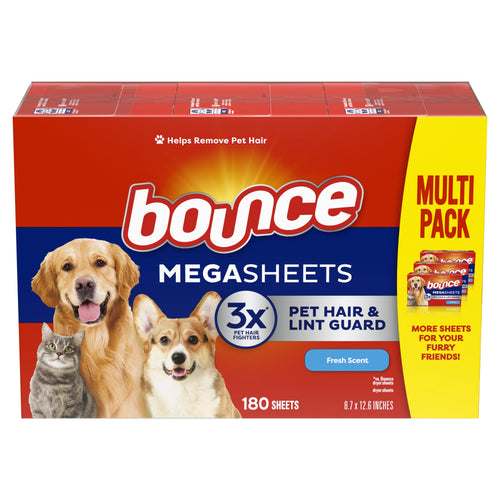 Front-facing Bounce Megasheets multi-pack box showing dogs and cat artwork, brand logo and pet-hair claims