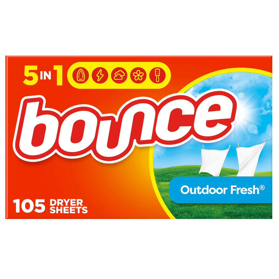 Bright orange Bounce box with Outdoor Fresh label, logo and ‘105 dryer sheets’ text on front