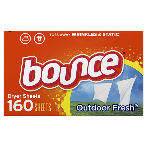 Orange Bounce Outdoor Fresh dryer sheet box showing 160 sheets and clothesline graphic