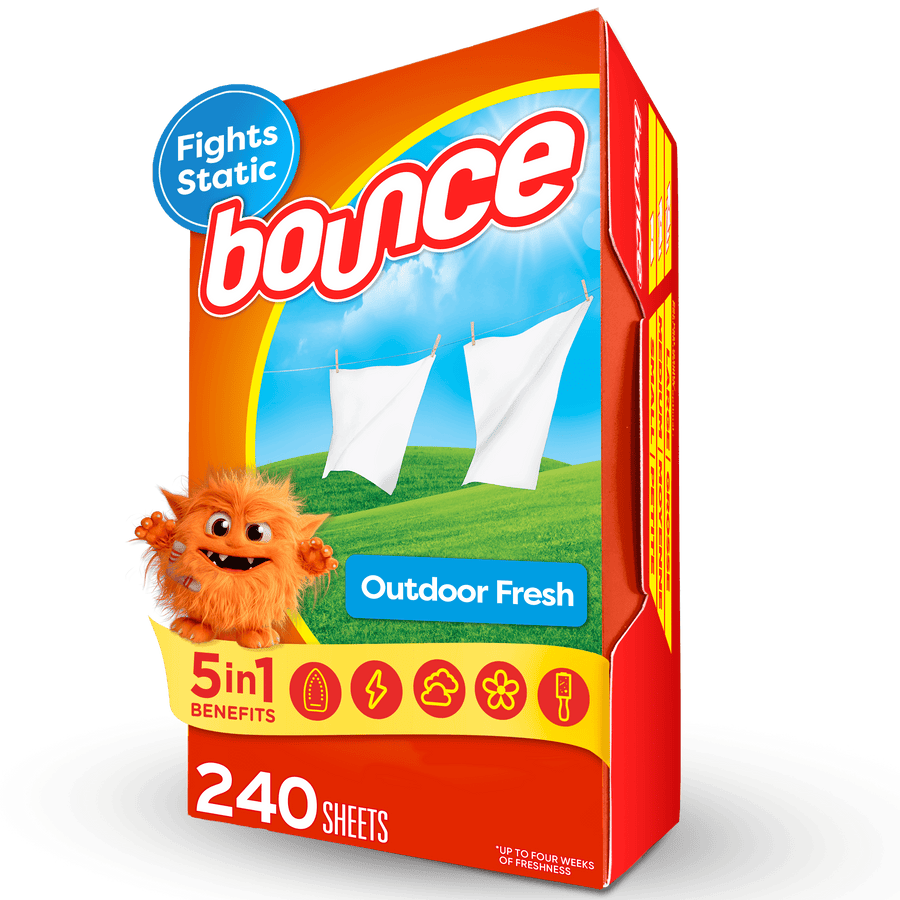 Front-facing Bounce Outdoor Fresh dryer sheet box showing logo, clothes on a line and “240 sheets” callout.