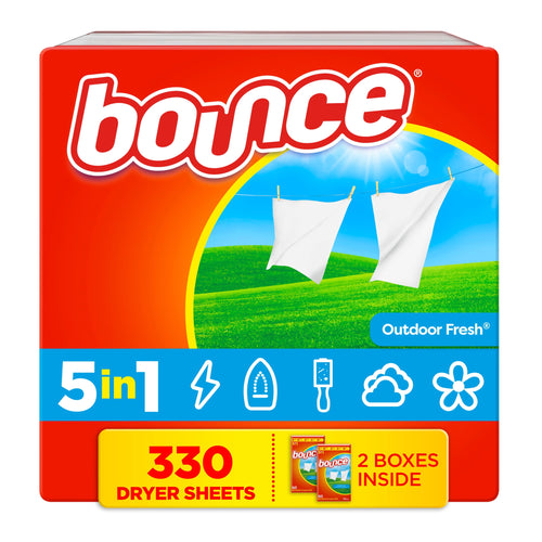 Front-facing red Bounce package with logo, clothesline graphic and label showing 330 dryer sheets and 5-in-1 icons