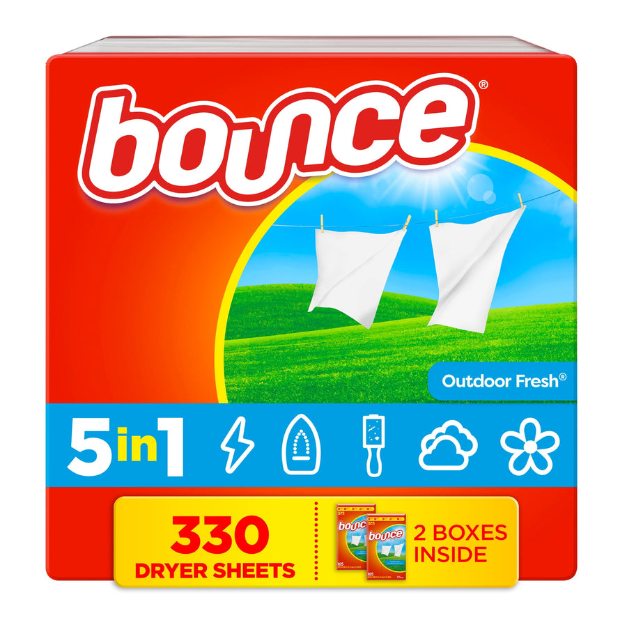 Front-facing red Bounce package with logo, clothesline graphic and label showing 330 dryer sheets and 5-in-1 icons