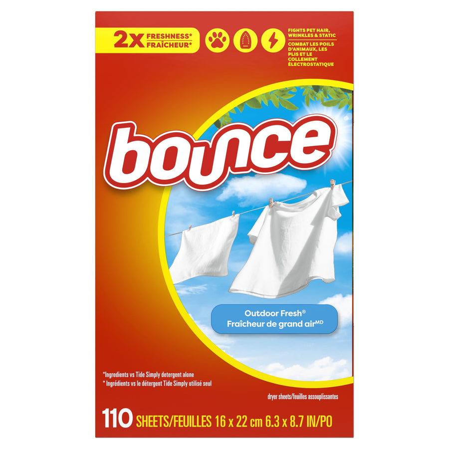 Front of a Bounce dryer sheet box with outdoor fresh artwork and hanging white laundry on a blue sky background