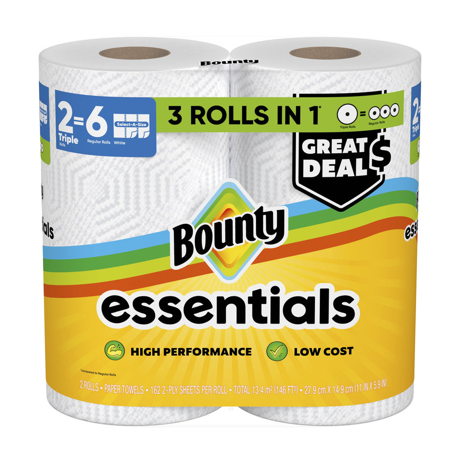 Packaged Bounty Essentials two-roll paper towel pack showing label with '3 rolls in 1', logo and 'great deal' badge.