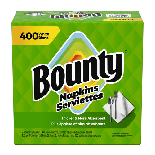Front-facing green Bounty napkins box showing logo, utensils graphic and '400 White' quantity callout