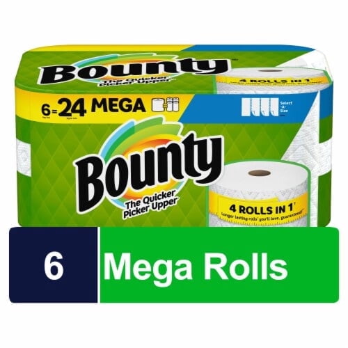 Packaged Bounty Select-A-Size paper towels mega rolls in green yellow branded retail wrap with quantity callout