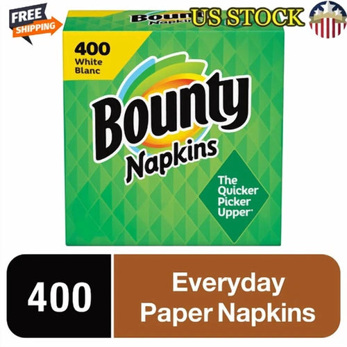 Green Bounty Napkins retail box front with logo and ‘400’ callout and ‘Everyday Paper Napkins’ banner below