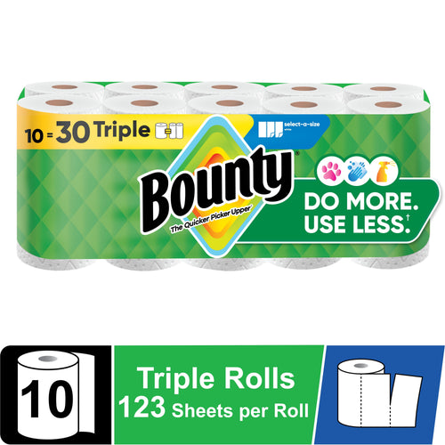 Bounty paper towels Select-A-Size green multipack showing Bounty logo, ‘‘Do more. Use less.’’ slogan and visible triple-roll packaging