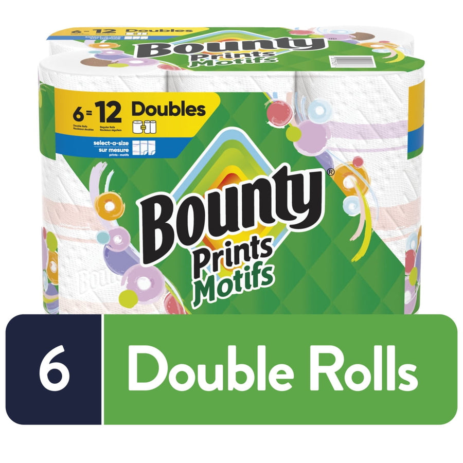 Packaged Bounty Prints Motifs paper towel six-double-roll pack with green patterned wrapper and branding