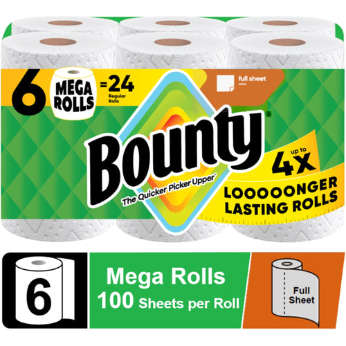 Packaged Bounty paper towel six-mega-roll bundle with bright green logo and packaging graphics