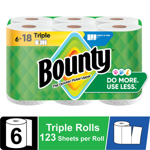 Packaged Bounty paper towel six-roll pack with green diamond branding and 'Do More. Use Less.' callout