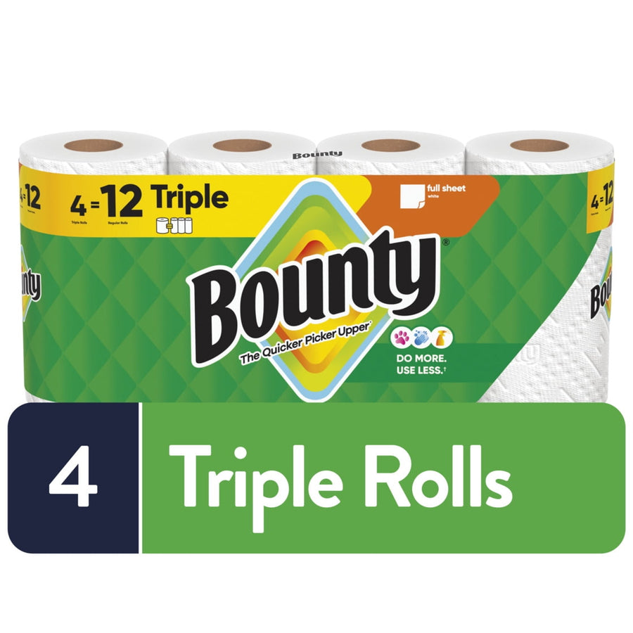 Packaged Bounty triple-roll paper towels with green branded wrap and large 'Triple Rolls' label