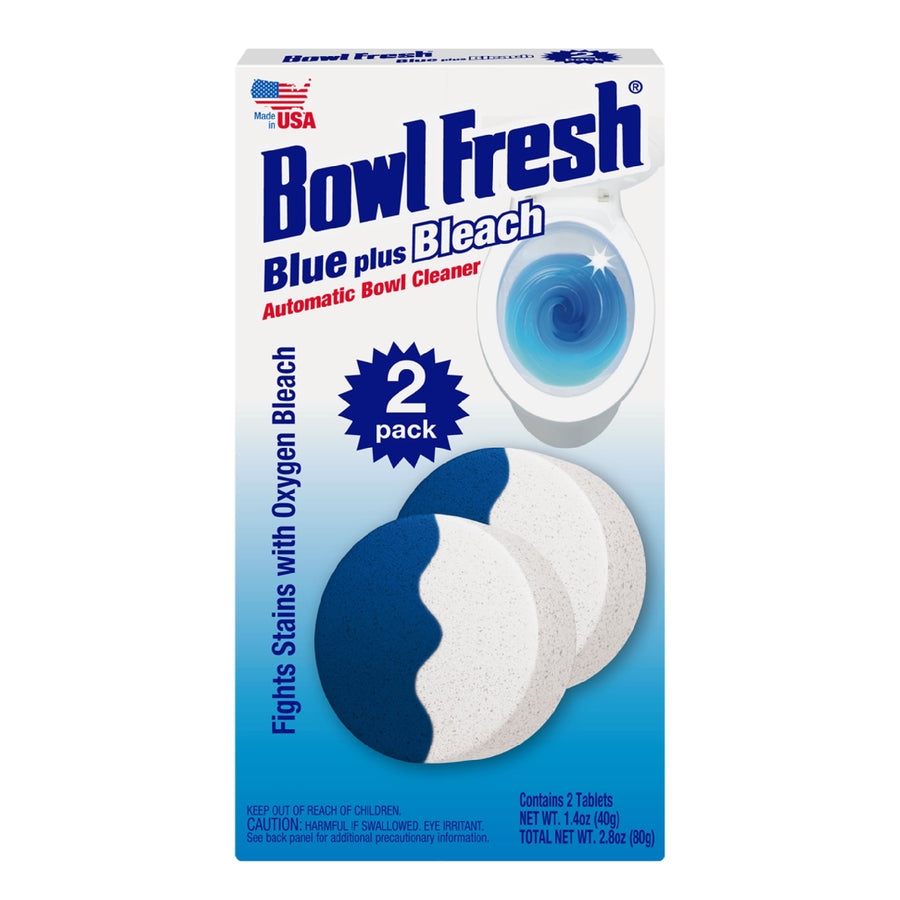 Straight-on pack of Bowl Fresh Blue plus Bleach automatic toilet cleaner showing logo, toilet bowl swirl and two tablets.