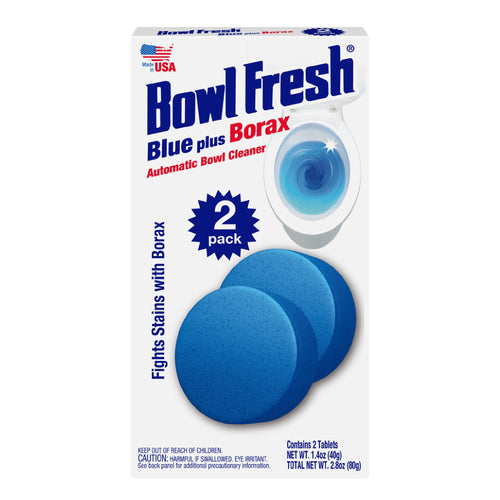 Front panel of Bowl Fresh Blue plus Borax toilet bowl cleaner box showing two blue tablets and toilet bowl graphic