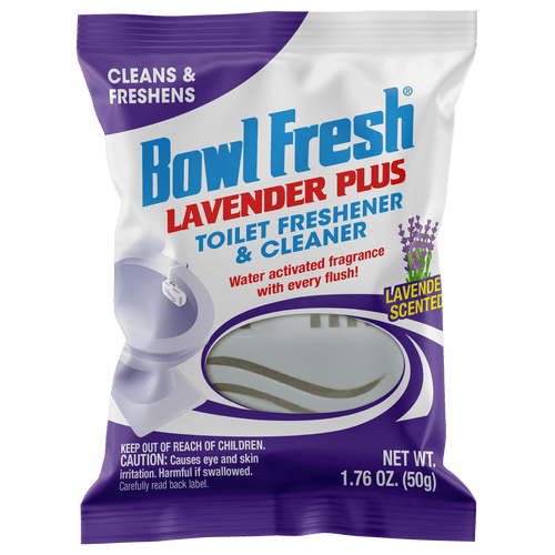 Front of Bowl Fresh Lavender Plus toilet freshener pouch with purple branding and lavender graphic