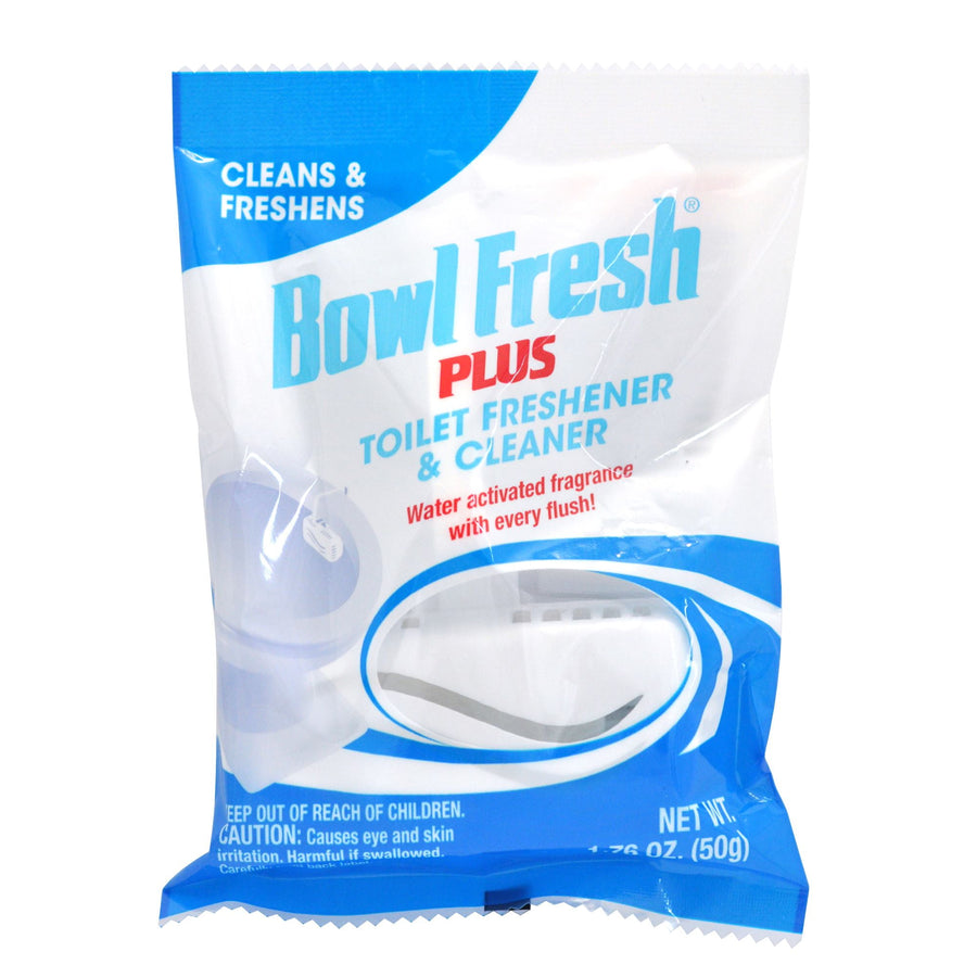 Retail pouch of Bowl Fresh Plus toilet bowl freshener and cleaner with blue-and-white branding and product window graphic.