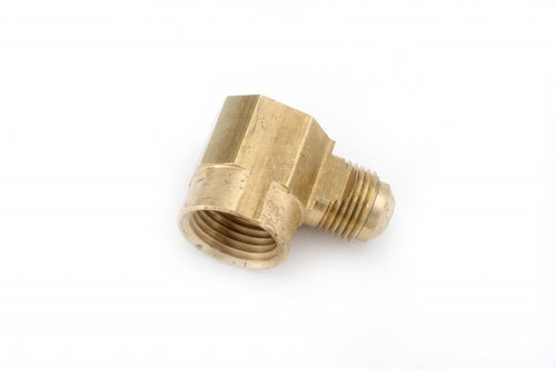 Brass 90-degree elbow plumbing fitting with female and male threaded ends on white background
