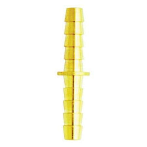 Brass barbed hose mender coupler with stepped ridges on both ends and a small central stop, on white background.