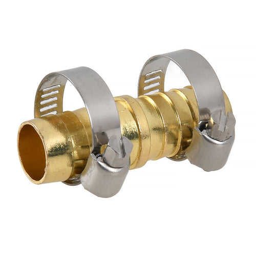 Close-up of a brass barbed hose coupling with two stainless steel worm-drive clamps on a white background