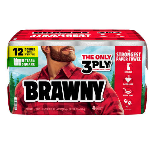 Front-facing Brawny paper towel 12 double rolls package showing ‘The Only 3PLY’ and brand name