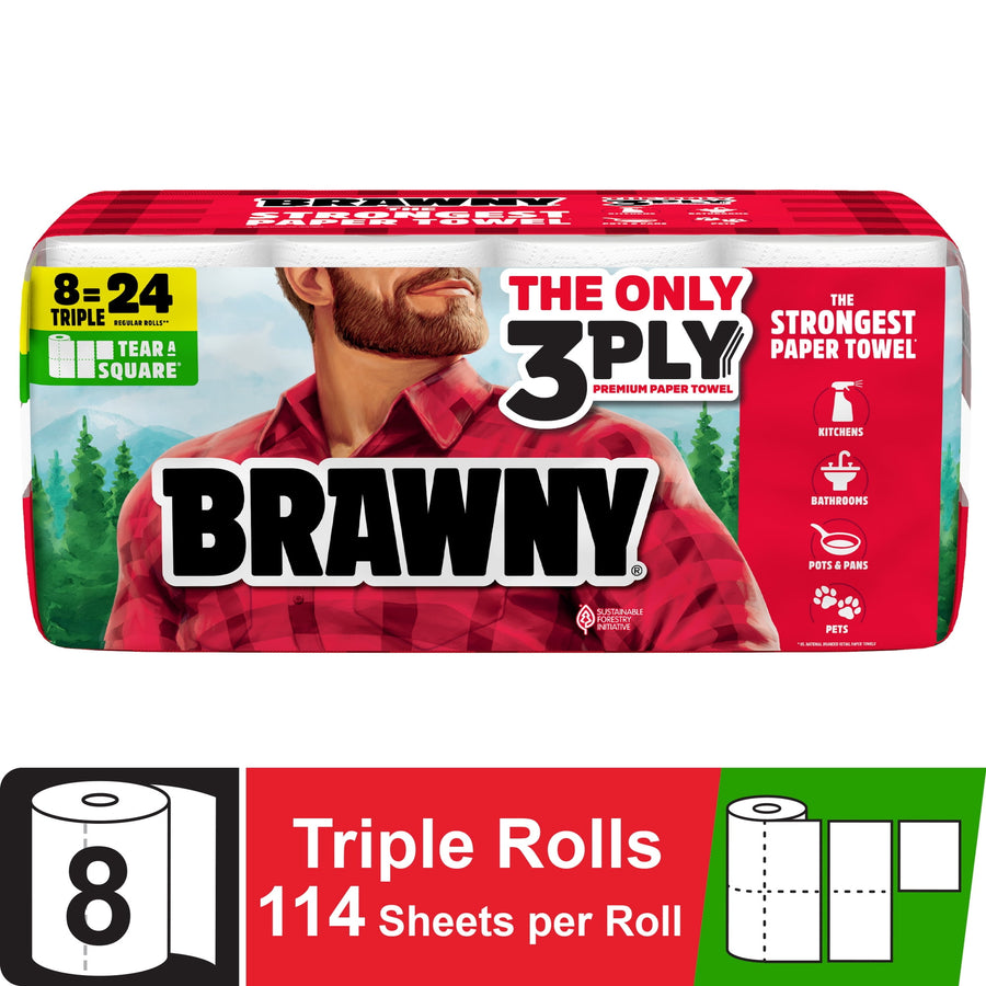 Packaged Brawny paper towel multipack with lumberjack logo, red plaid branding and product callouts on white background.
