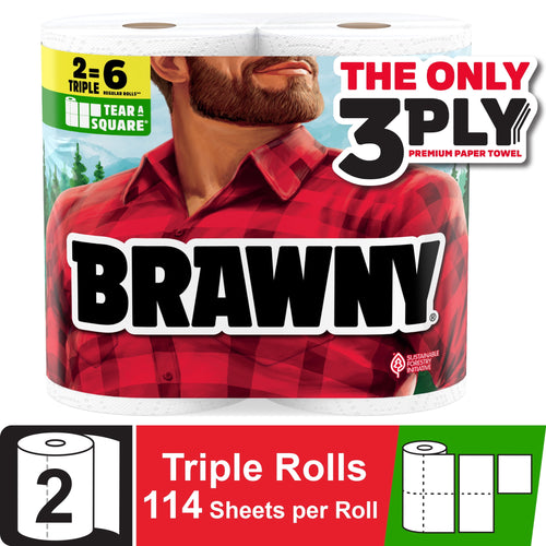 Close-up of two Brawny paper towel rolls with red-plaid lumberjack logo and 3-ply callout