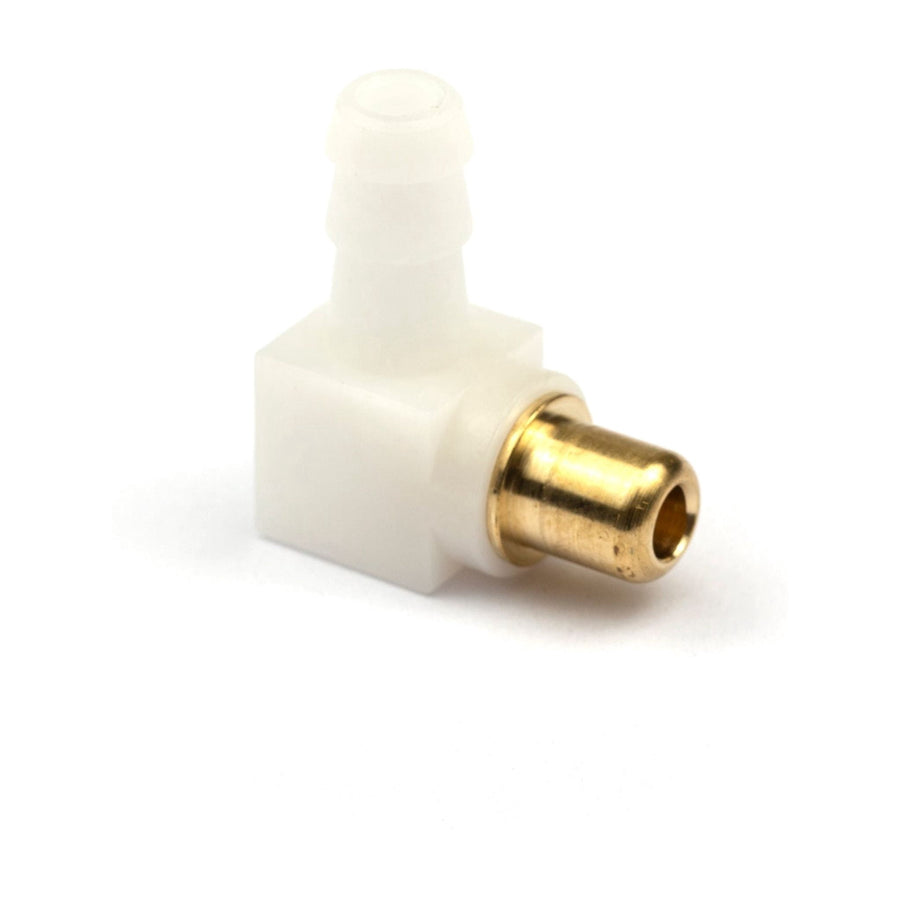 White plastic and brass right-angle hose connector with barbed inlet, studio product shot on white