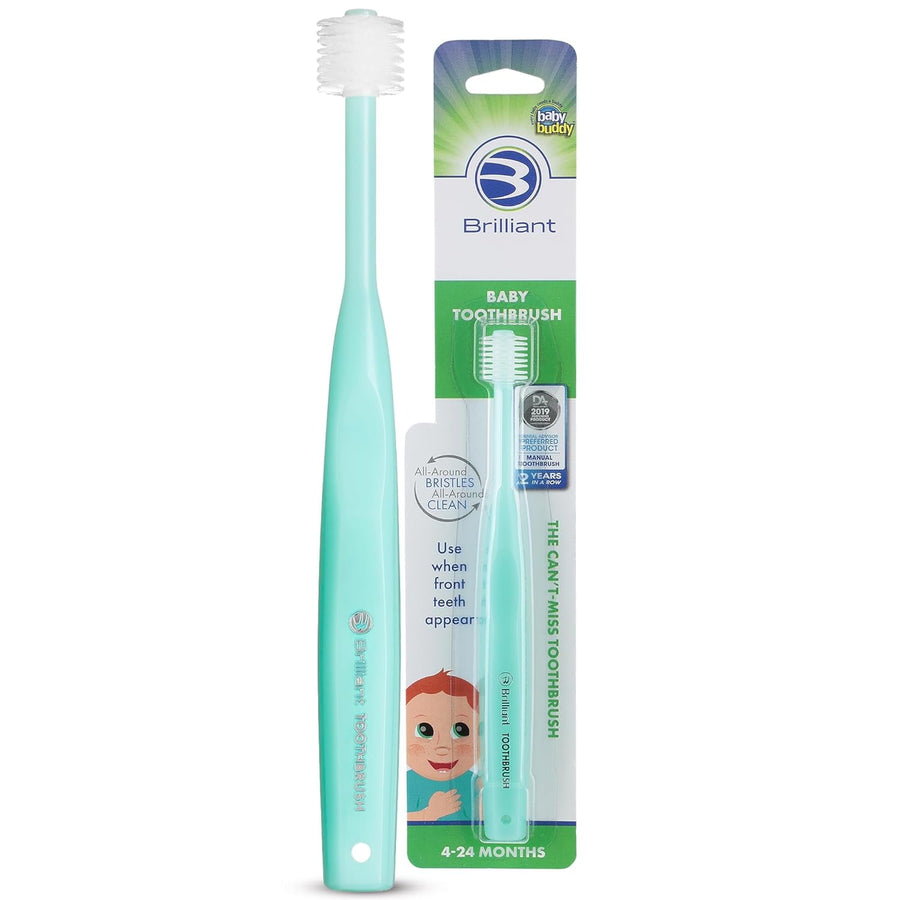 Mint-colored Brilliant baby toothbrush shown beside its blister card packaging with logo and age guidance.