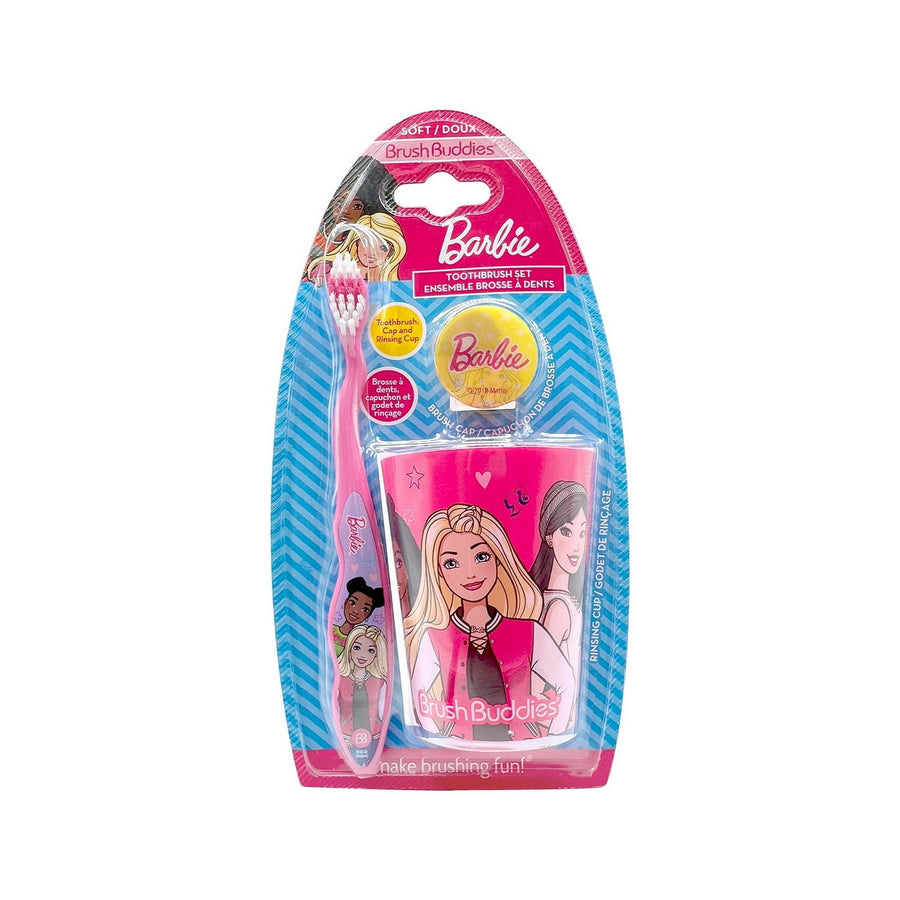 Packaged Brush Buddies Barbie toothbrush set with pink cup, toothbrush and branded tag in blister card