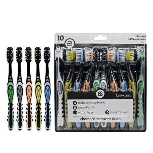 Packaged family pack of Brush Buddies charcoal-infused toothbrushes showing assorted handles and bristles