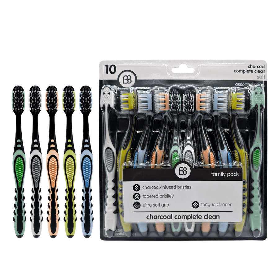 Packaged family pack of Brush Buddies charcoal-infused toothbrushes showing assorted handles and bristles