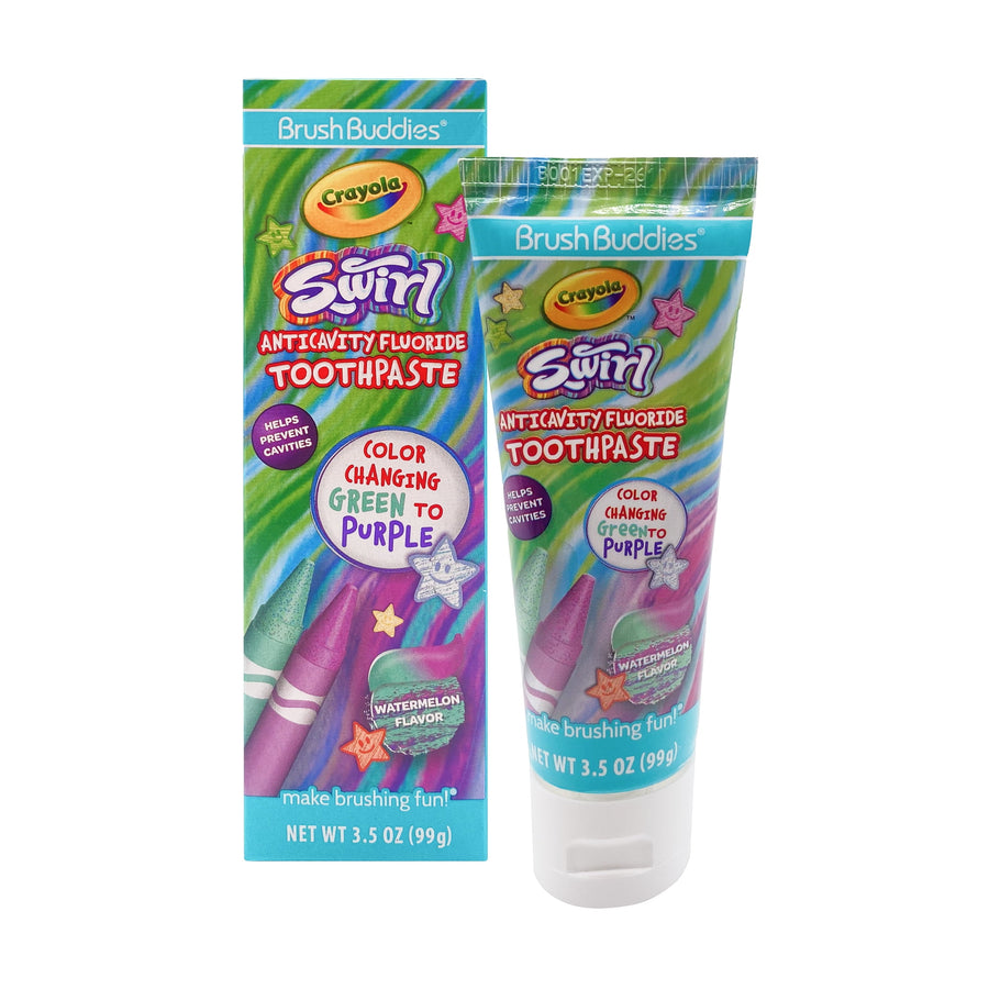 Tube and boxed package of Brush Buddies Crayola Swirl anticavity fluoride toothpaste with colorful swirl design