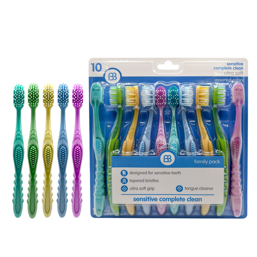 Packaged family pack of ten colorful Brush Buddies toothbrushes with product label and assorted handles visible