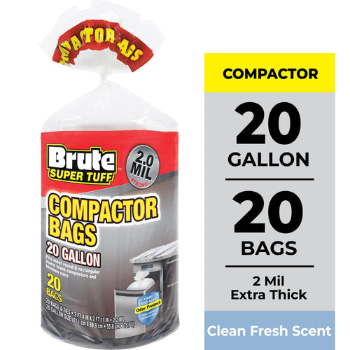 Rolled clear package of Brute Super Tuff compactor bags with red label showing 20 gallon and 2.0 mil badge