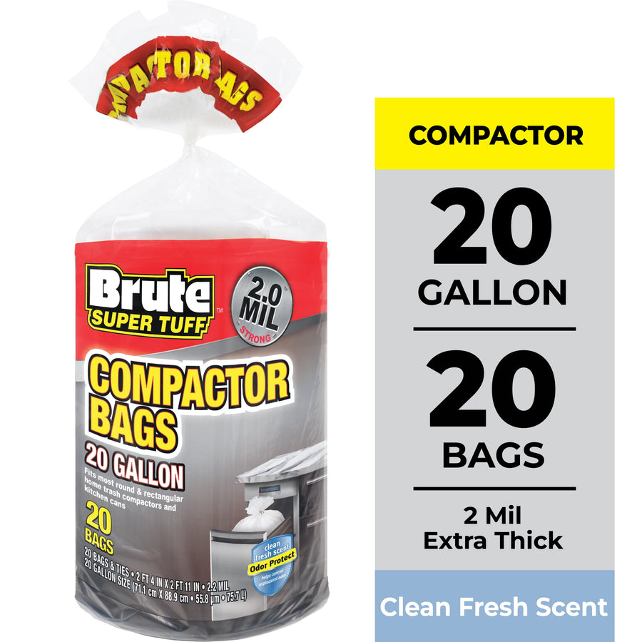 Rolled clear package of Brute Super Tuff compactor bags with red label showing 20 gallon and 2.0 mil badge