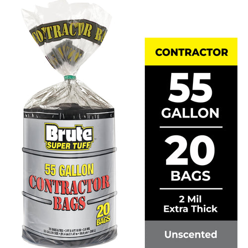 Wrapped roll of Brute Super Tuff 55 gallon contractor bags with printed label and twist tie visible