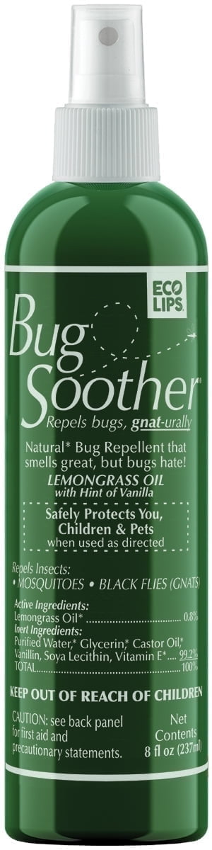 Tall green Bug Soother spray bottle showing front label text and white spray nozzle on a white background.
