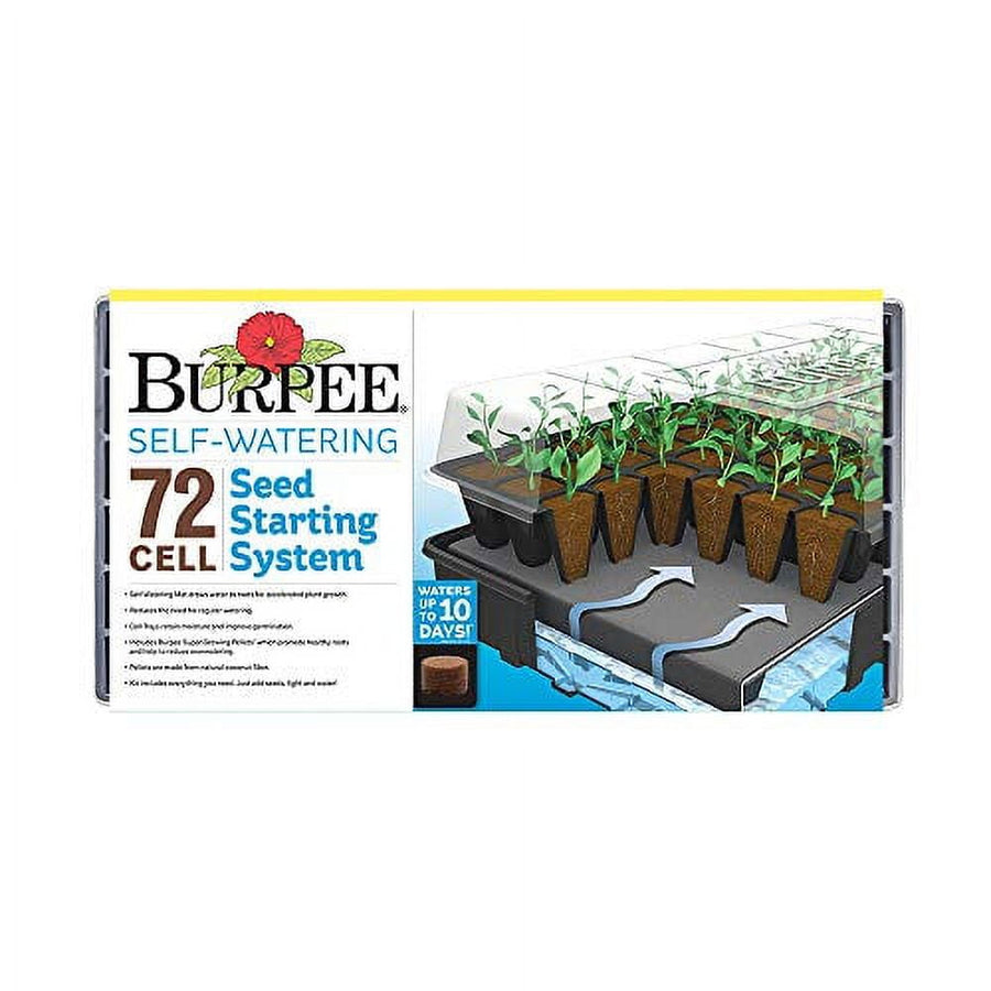 Packaged Burpee self-watering 72-cell seed starting system box with illustrated seedlings and water reservoir graphic.