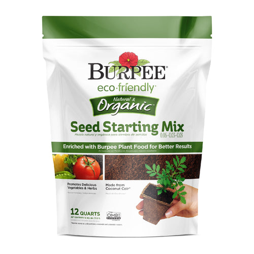 Front of a Burpee eco-friendly organic Seed Starting Mix bag with product name and plant images