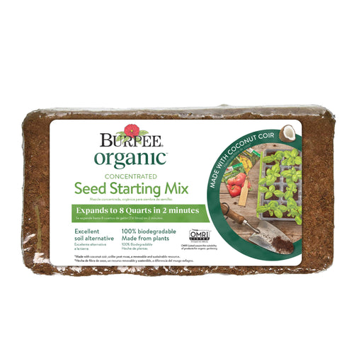 Rectangular compressed block of Burpee Organic concentrated seed starting mix with front product label and circular planting graphic.